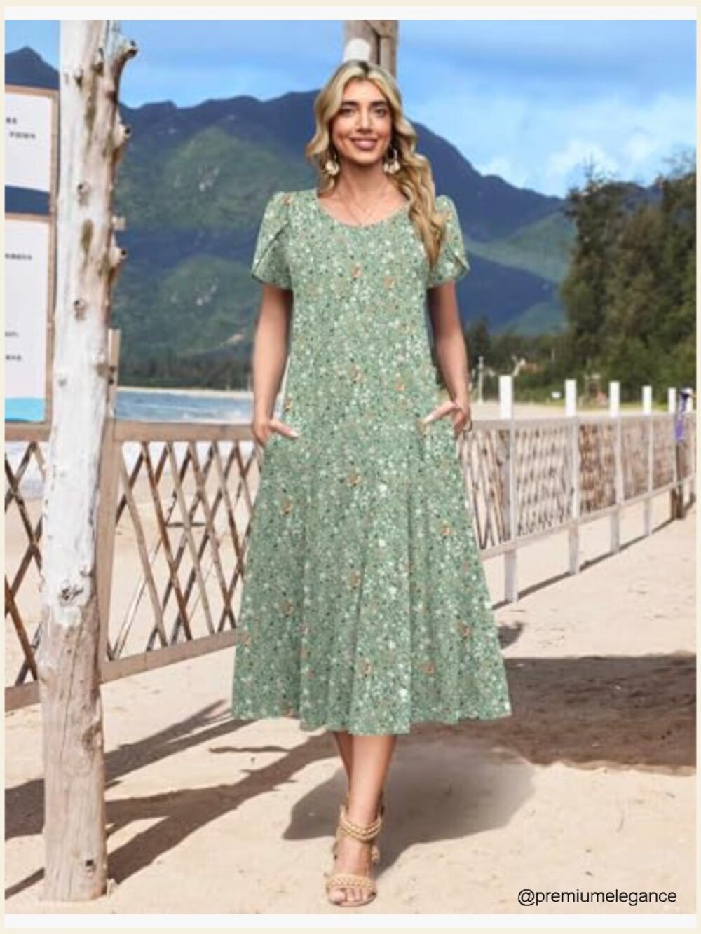 Loose Fit Midi Dress with Petal Sleeves, A-Line Flare, Two Pockets - Picture 3 of 7